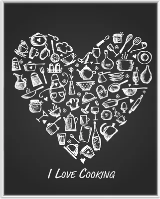 Produktbild von Wallario Wandbild I Love Cooking - Herz aus Küchenutensilien in schwarz weiß, Größe: 40,30 x 50,30 cm, Poster mit weißem Aluminiumrahmen