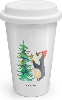 Produktbild von Mr. & Mrs. Panda Thermobecher To Go Pinguin Weihnachtsbaum - Weiß - Geschenk, Weihnachten, ToGo Kaffeebecher, Becher, Thermokaffeebecher, Winter