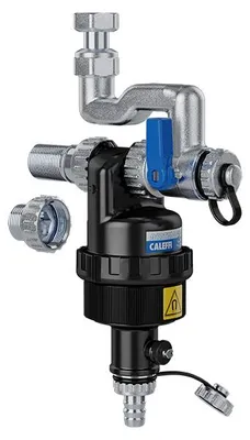 A plumbing component, likely a filter or separator, with various fittings and a blue handle.