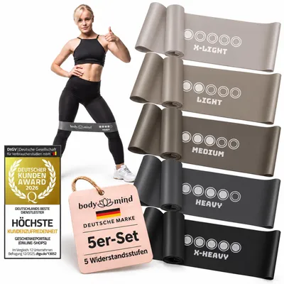 Productafbeelding van Body & Mind Fitnessband set van 5 stuks in grijs - Hoogwaardige weerstandsbanden voor effectieve krachttraining, yoga, Pilates en thuisworkouts