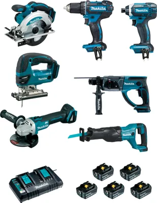 A collection of Makita power tools and accessories.