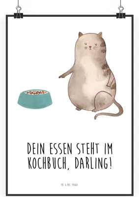 Produktbild von Mr. & Mrs. Panda Bild Katze Fressen DIN A2 - Weiß - Geschenk, wanddeko, drucke, Plakat, kunstposter, kunstdruck poster