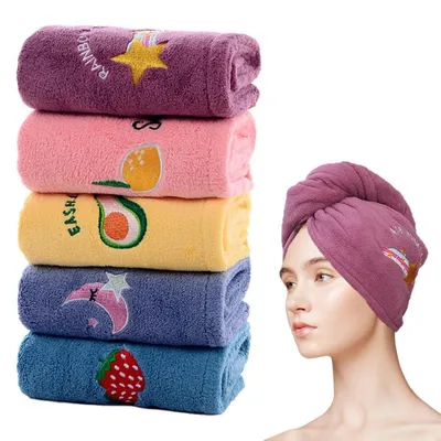 Immagine prodotto di Asciugamano per capelli a turbante con bottone, confezione da 5 pezzi, in tessuto tipo flanella, ad asciugatura rapida, disponibile in vari colori