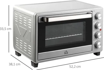 Produktbild von Homcom Minibackofen 32L 1600W Elektrischer Mini Ofen mit Schlackenauffangwanne Metall Edelstahl Glas Silber 52,2 x 38,1 x 33,5 cm, 32 l, Silber, Freistehend, Drehregler, 6 Scheibe(n), 100 - 230 °C