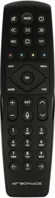 A black remote control for a Dreambox receiver is shown against a white background.