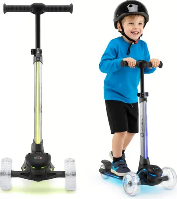 A child wearing a helmet rides a scooter with LED lights.