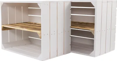 Produktbild von 2er Set neue weiße Holzkiste mit geflammten Mittelbrett 50cm x 40cm x 30cm Schuhregal Wandregal Holzkiste Obstkisten/Weinkisten Regal aus Holz Ablage DIY