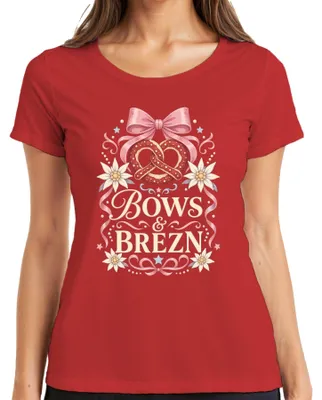 Productafbeelding van Bows Brezn  Bayern Wiesn: Roze leren broek voor dames, traditionele klederdracht, T-shirt, rood, maat XL