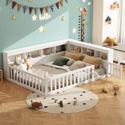 A child's bedroom with a white corner bed, decorated with stars and a giraffe height chart.