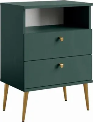 Image de Table de Chevet 2 Tiroirs avec Niche - verte et pieds en métal doré - Collection Aurora