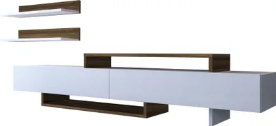 A modern white and walnut TV stand with two wall-mounted shelves.