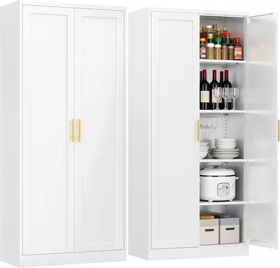 Productafbeelding van Metalen kast, 180 x 70 x 35 cm. Archiefkast met 4 verstelbare legplanken. Stalen opbergkast met 2 deuren. Multifunctionele kast voor school, huis, kantoor, garage. Wit