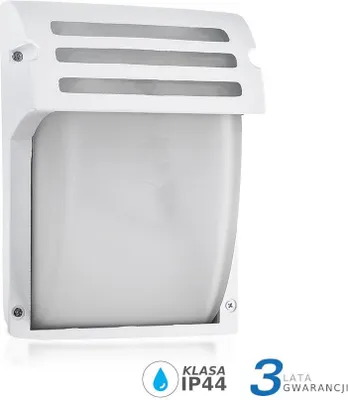A white outdoor wall light with a frosted diffuser and a slatted top.