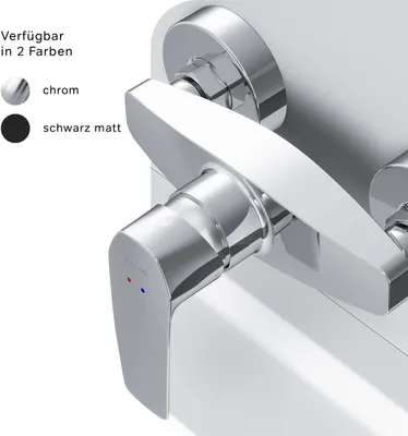 Close-up of a chrome shower faucet with color options indicated.