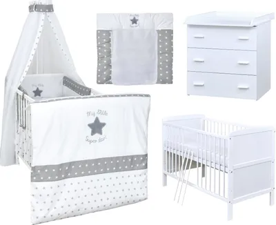 Produktbild von Baby-Delux Babyzimmer Babybett Wickelkommode Weiss Bettwäsche Komplett Set Superstar