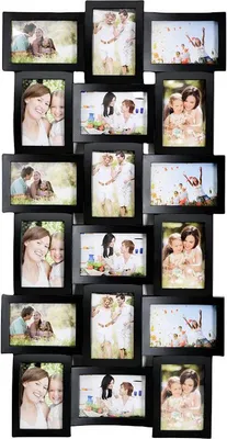 Produktbild von XL Fotocollage Bilderrahmen für 18 Fotos 10 x 15 cm und 15 x 10 cm Schwarz Kunststoff 3D Look Wandcollage 47 x 93 x 2,5 cm Hochformat und Querformat mit Rückwand und Aufhängepunkten