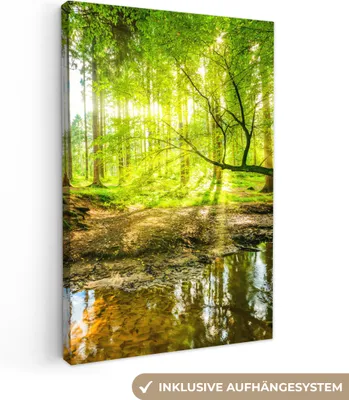Produktbild von MuchoWow® - Leinwandbilder - Wald - Landschaft - Wasser - Bäume - Sonne - Grün - Natur, Wandbild, Wanddeko Bilder Wohnzimmer, 80x120cm