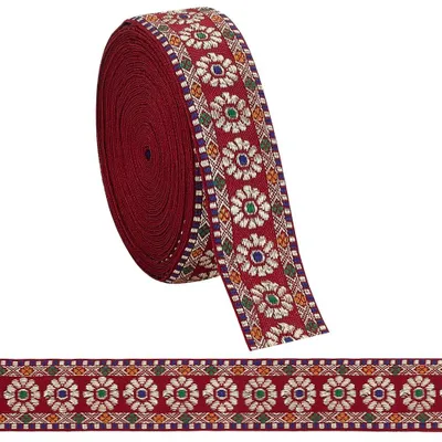 Jacquard-Blumenband 32 mm rot, 9,14 m, Polyester, geborduurt