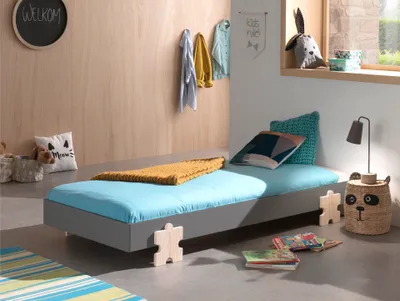 Image de Vipack Modulo lit simple/lit superposé 90 x 200 cm surface de couchage, laqué gris, pied aspect puzzle pin naturel laqué