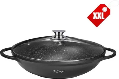 Obrázek produktu pro Wok Cheffinger, kulatý, průměr 40 cm, nerezová ocel, s skleněnou poklicí