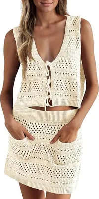 Productafbeelding van Gehaakt tweedelig strandoutfit voor dames met mouwloze top en hoog getailde rok