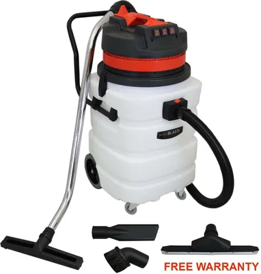A wet/dry vacuum cleaner with accessories and a warranty notice.