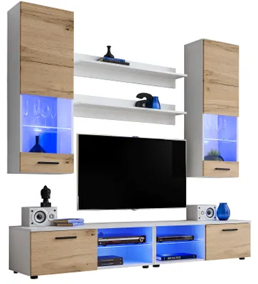 Obrázek produktu pro Extreme Furniture Vida | Nábytek Do Obývacího Pokoje Se 2 Tv Skříňkami, 2 Vitrínami A 2 Policemi Bílý Korpus A Přední Části Wotan