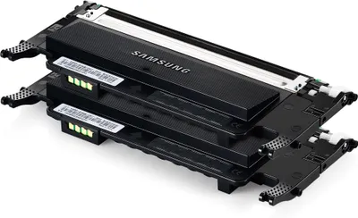Two black Samsung toner cartridges stacked on a white background.