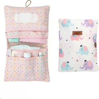 Imagen del producto de Organizador para pañales 2 en 1, de tamaño pequeño, con motivos de elefantes y leones, ideal para llevar de viaje