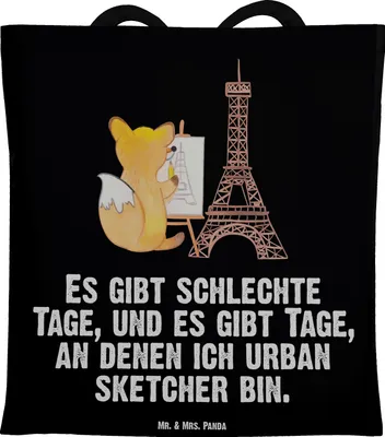 Produktbild von Mr. & Mrs. Panda Tote Bag Fuchs Urban sketching - Schwarz - Geschenk, Zeichnen, Einkaufstasche, Laptoptasche, Zeichenschule, Tasche, Malen, Schultasche, Shopping