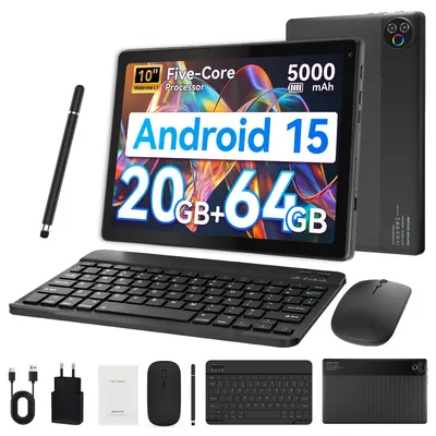Produktbild von Tablet 10 Zoll, mit Tastatur Maus Stift, Android 15, 20(3+17)GB RAM, 64 GB ROM 1 TB erweiterbar, Widevine L1, 5000 mAh Akku, WiFi 6, BT 5.4, schwarz