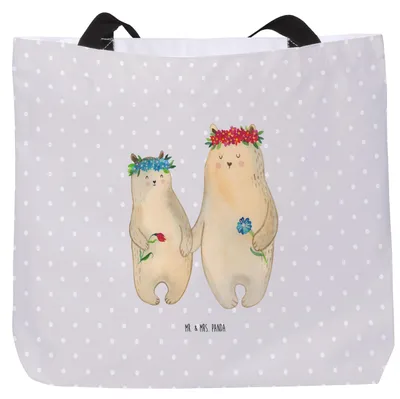 Produktbild von Mr. & Mrs. Panda Tote Bag Bären mit Blumenkranz - Grau Pastell - Geschenk, Laptoptasche, Strandtasche, Lieblingsmensch, Muttertag, Mutter, Mama, Familie, Reisetasche