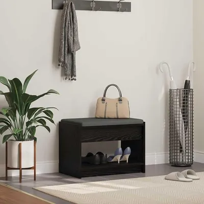 Imagen del producto de Zapatero con cojín y estante, banco de madera en color roble , 63 x 38 x 45 cm, con espacio de almacenamiento para zapatos. Zapatero moderno para el recibidor