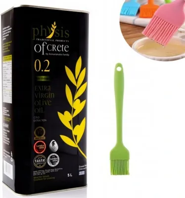 A collage showing a large tin of olive oil and a silicone brush.