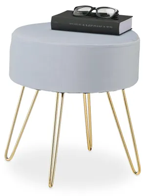 Runder Samt-Hocker, goldene Beine, 40x37 cm, grau-gold