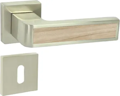 Produktbild von DOMINO Türgriff Drückergarnitur BB-Buntbart Set | quadratische Rosette | Türklinke für Zimmertür, Bürotür, Kellertür & Innentür | Türbeschläge aus Znal|Nickel/Montana-Eiche Türdrückergarnitur | CUBE-QR M9 MONTANA-EICHE