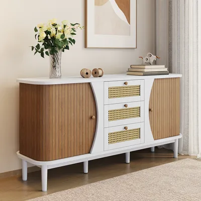 Produktbild von MODFU Kommode Sideboard mit 3 Schubladen und 2 Schiebetüren, Schrank Buffet Rattanschrank für Wohnzimmer, Schlafzimmer, Kinderzimmer, Jugendzimmer und Büro, Weiß