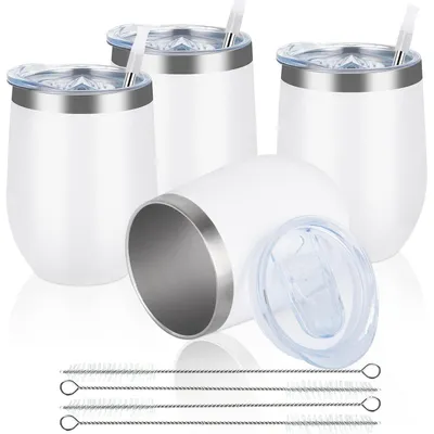 Zdjęcie produktu dla Szklanki ze stali nierdzewnej, 4 sztuki, z pokrywką, podwójne ścianki, pojemność 12 oz, kolor biały