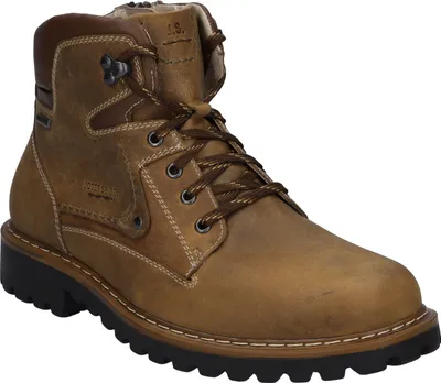 A single brown leather boot is shown against a white background.