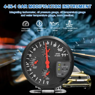 Immagine prodotto di Display multifunzione per auto 4-in-1 da 5 pollici: contagiri, pressione dell'olio, temperatura, livello dell'acqua; supporta la funzione di allarme con retroilluminazione a 7 colori
