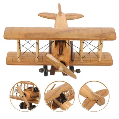 Produktbild von Vintage-Holzflugzeugmodell, klassischer Doppeldecker, ideal für Schreibtischdekoration zu Hause oder im Büro, Holzspielzeug, geeignet für Kinder