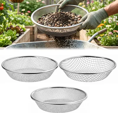 Image de Jeu de 3 tamis de jardin, en acier inoxydable, pour le jardinage