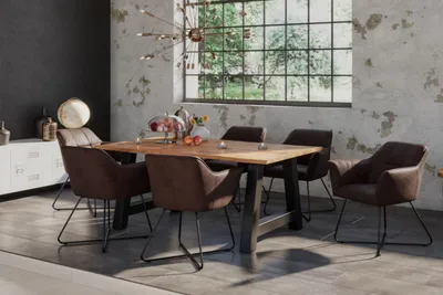 Produktbild von Essgruppe 160 cm Mango naturfarben A-Gestell schwarz mit 6 Stühlen DORA