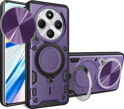 Produktbild von Handyhülle für Xiaomi Redmi 14C Dual-Layer Stoßfest Rüstung Hülle mit Dia Kameraschutz und Kreisförmig Ring Ständer Lila