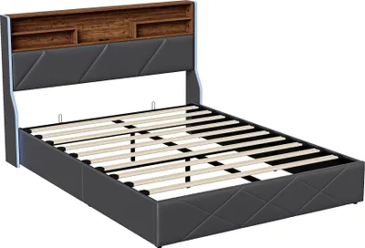 Produktbild von UnboxG Polsterbett 160x200cm mit Ladefunktion (USB&Typ-c), Jugendbett Doppelbett Stauraumbett mit LED, Hydraulisches Boxspringbett, PU, Schwarz