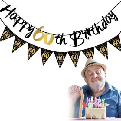 Geburtstagsdeko-Set 60. Geburtstag, Banner und Wimpelkette, schwarz-gold