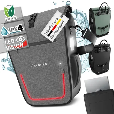 Produktbild von ELONEO Fahrradtasche für Gepäckträger mit LED Licht und Laptopfach, 25L - 100% wasserdicht mit Tragegriff und Schultergurt, Fahrradtasche Gepäckträger, Fahrrad Gepäckträgertasche, grau