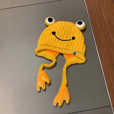 Produktbild von Froschmütze häkeln Strickmütze mit großen Augen, Frosch Strickmütze, Winter Ohrenschutz Beanie Mützen, gestrickte Mützen für den Outdoor Herbst Winter, Damen Hüte, Gelb