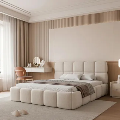 Obrázek produktu pro Čalouněná postel CERETTO 180x200, krémová bouclé, s úložným prostorem a roštem