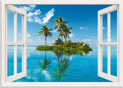 Produktbild von ARTland Wandbild Alu für Innen & Outdoor Fensterblick Insel Palmen Meer Größe: 100x70 cm
